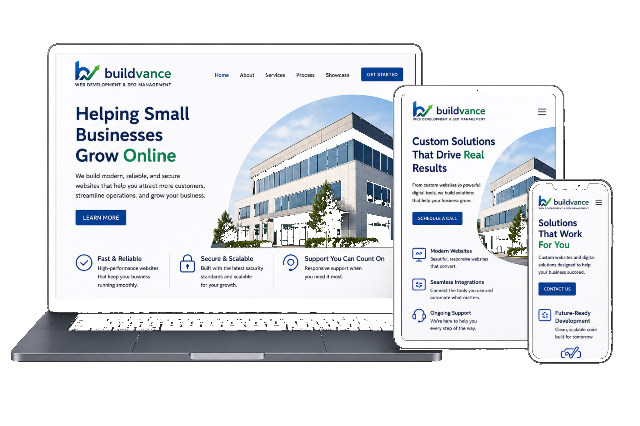 Buildvance website and software shown on laptop, tablet, and phone